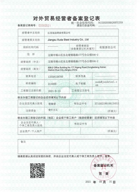Porcelana Jiangsu Xuda Steel Industry Co., LTD certificaciones